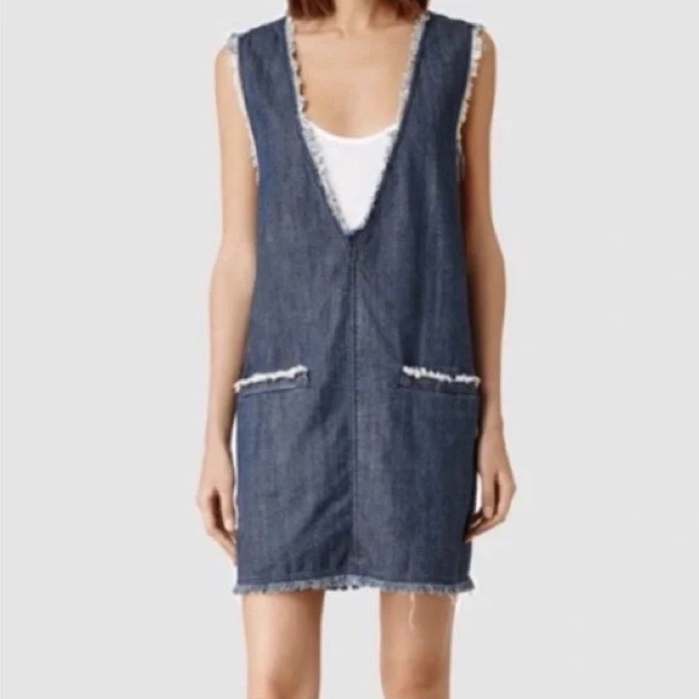 All Saints Reika Denim Jumper Dress w/ Plunging Neckline + Frayed Trim ~ Size 8